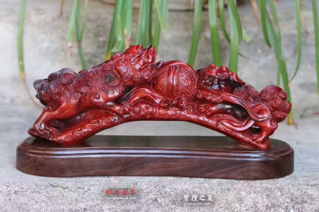 小叶紫檀摆件把件《双狮戏球》寓意风调雨顺-3