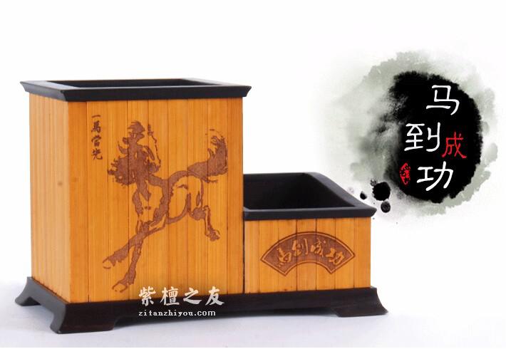 紫光檀镶嵌竹片木质雕刻笔筒 办公用品室内高档摆件-2