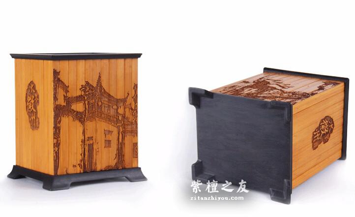 紫光檀镶嵌竹片木质雕刻笔筒 办公用品室内高档摆件-1