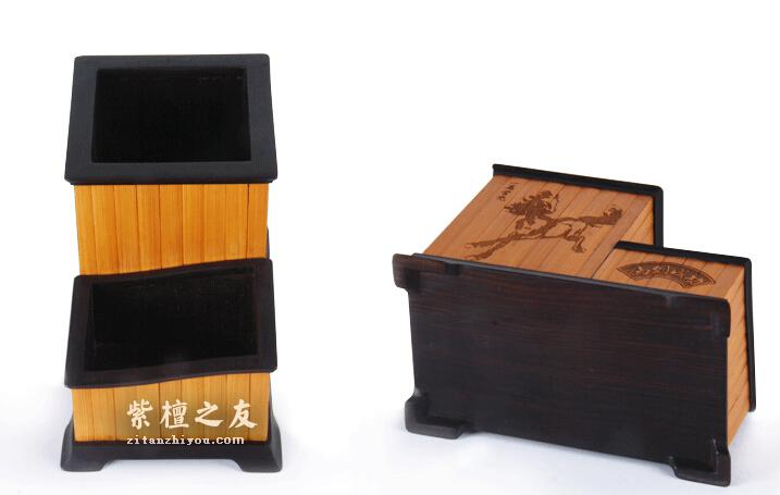 紫光檀镶嵌竹片木质雕刻笔筒 办公用品室内高档摆件-3