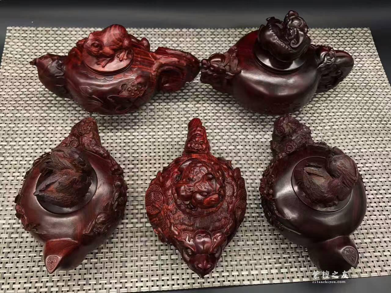 印度小叶紫檀高密度老料手工雕刻壶《五福临门》-7