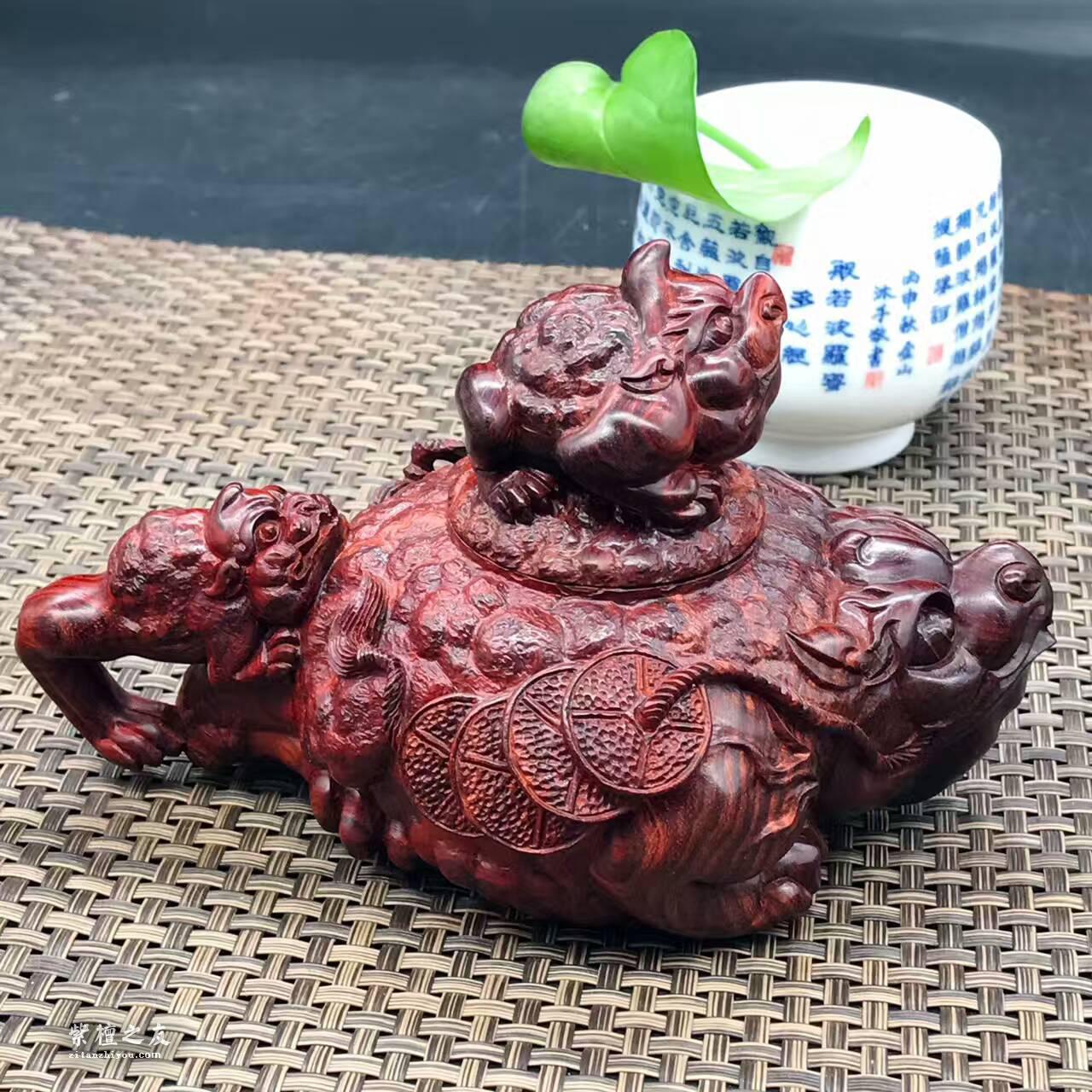印度小叶紫檀高密度老料手工雕刻壶《五福临门》-8