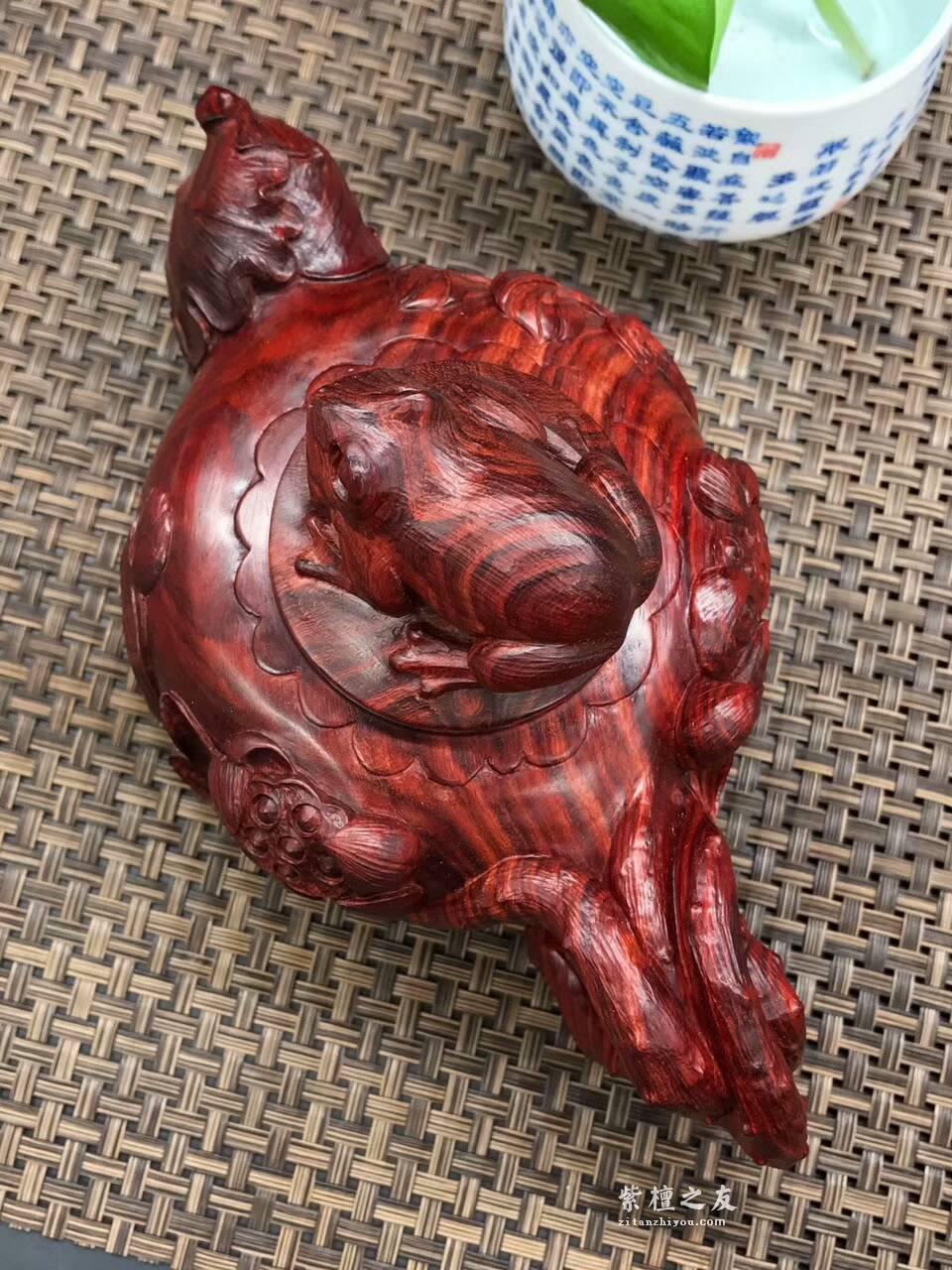 印度小叶紫檀壶把件 精雕荷花青蛙纯手工雕刻-2