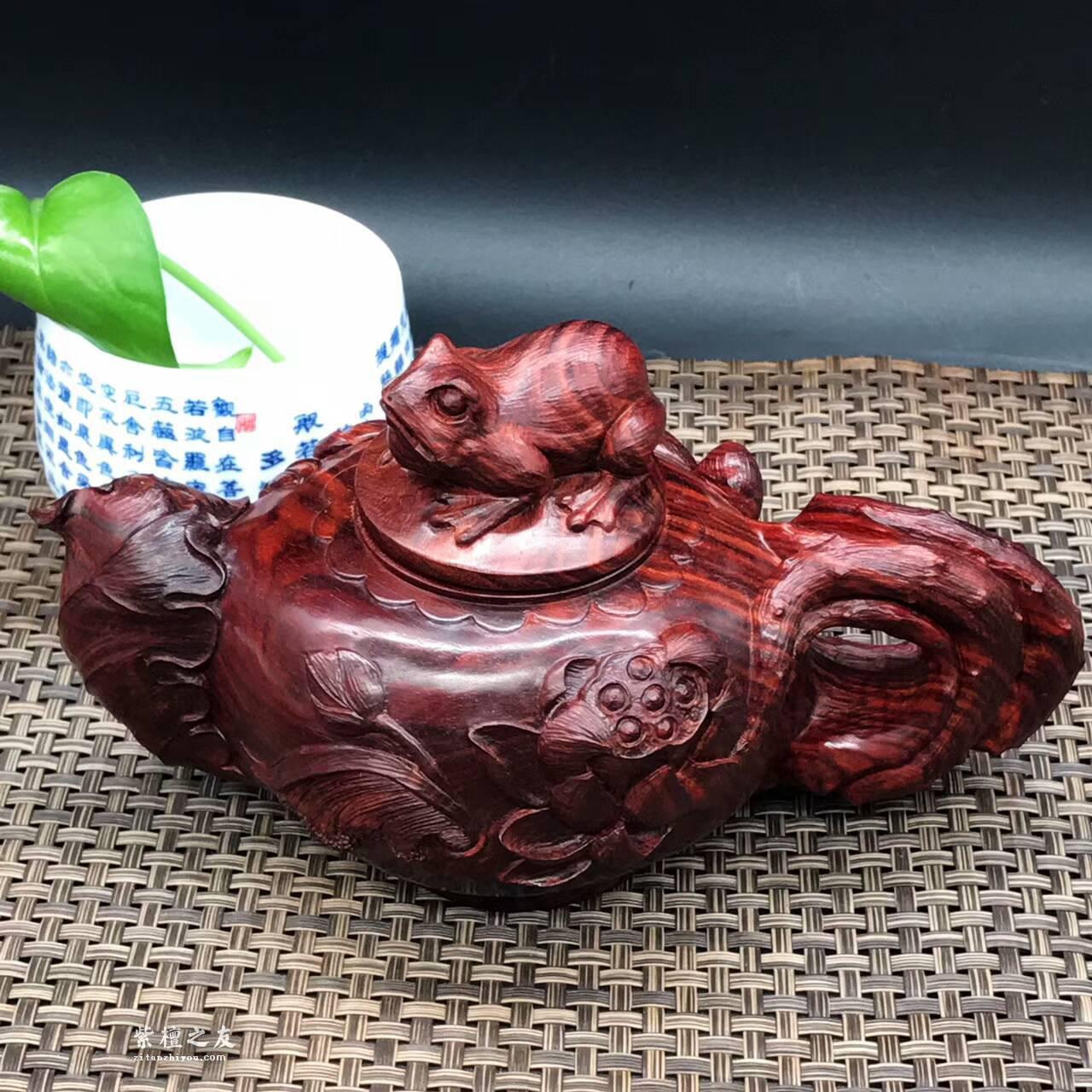 印度小叶紫檀壶把件 精雕荷花青蛙纯手工雕刻-1