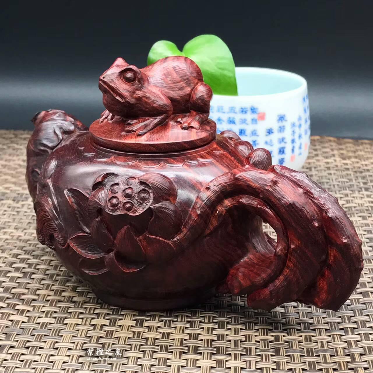 印度小叶紫檀壶把件 精雕荷花青蛙纯手工雕刻-4