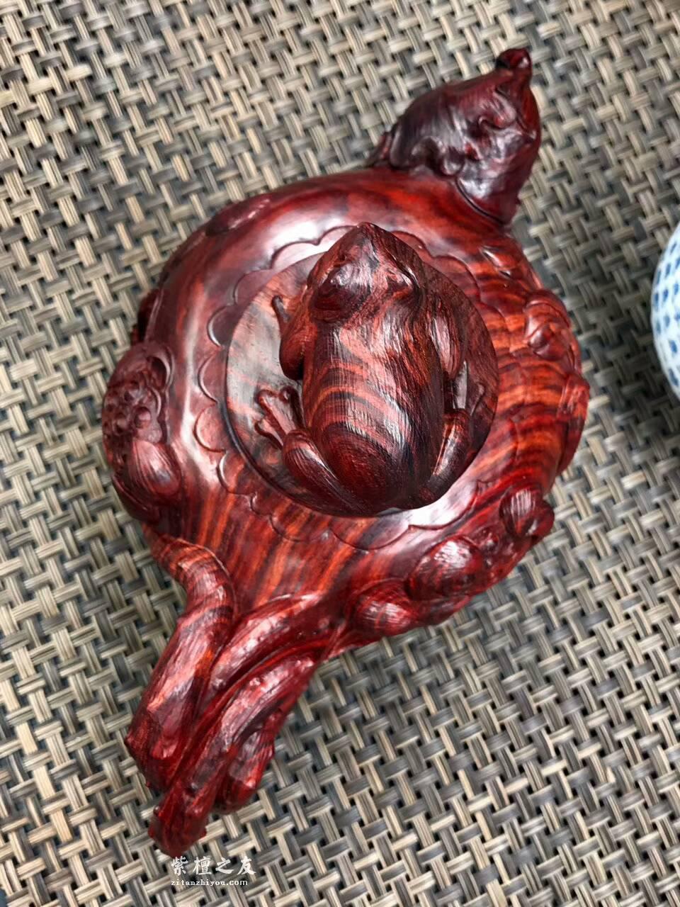 印度小叶紫檀壶把件 精雕荷花青蛙纯手工雕刻-5