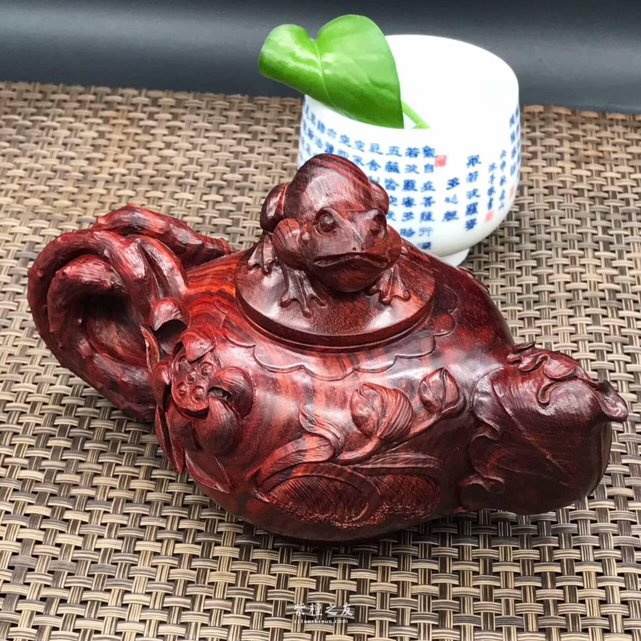 印度小叶紫檀壶把件 精雕荷花青蛙纯手工雕刻-8