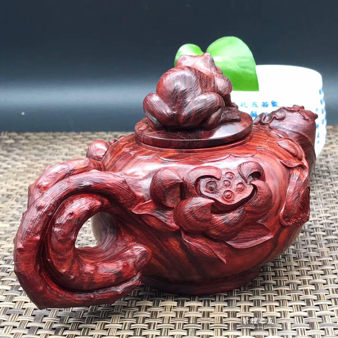印度小叶紫檀壶把件 精雕荷花青蛙纯手工雕刻-7