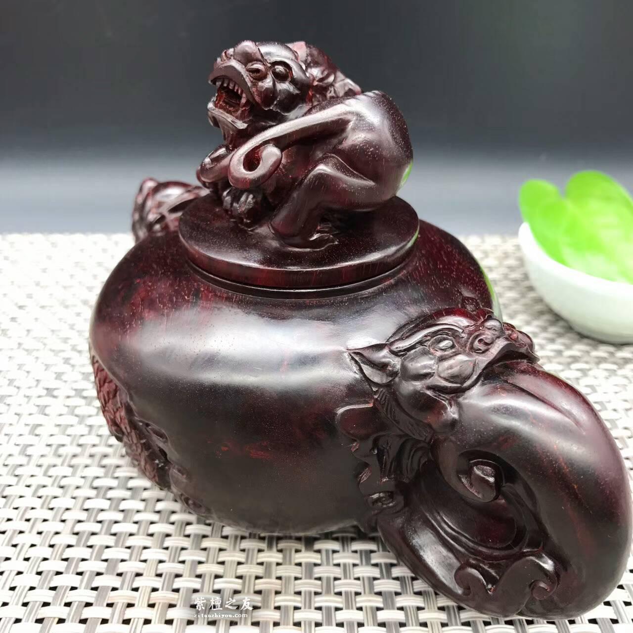 印度小叶紫檀壶把件 精雕貔貅瑞兽寓意招财进宝-5