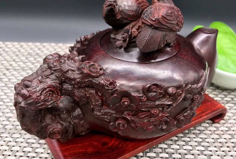 印度小叶紫檀壶把件 精雕喜上眉梢寓意双喜临门