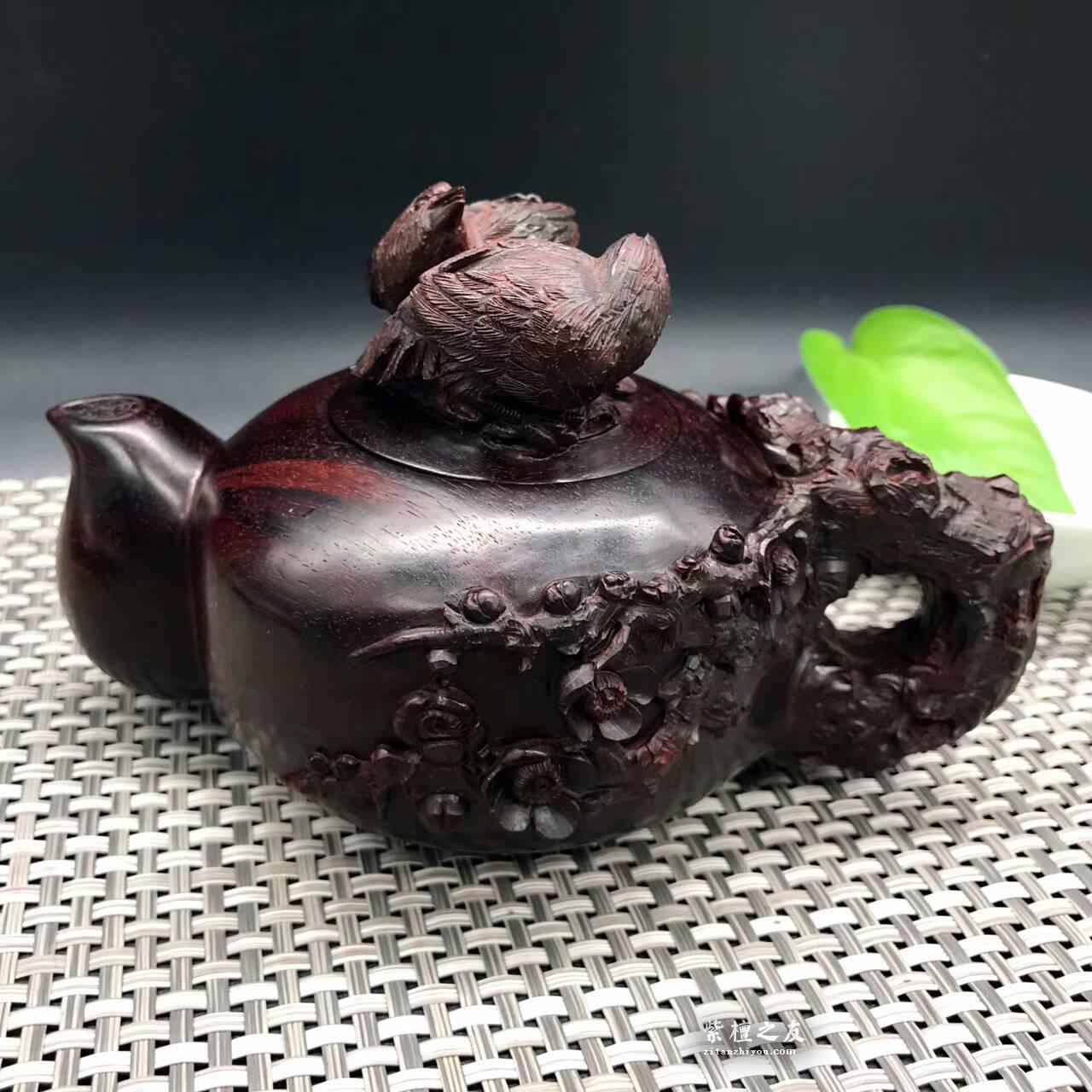 印度小叶紫檀壶把件 精雕喜上眉梢寓意双喜临门-4