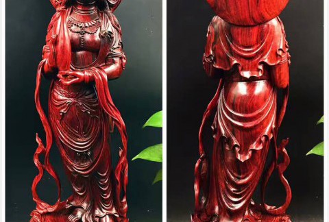纯手工轻刀工艺作品《观世音菩萨》 印度小叶紫檀高密度金星泥料