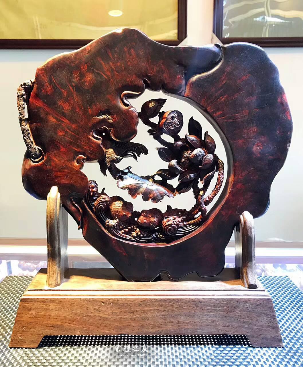 正宗印度小叶紫檀工艺品《和和美美》 高密度爆炸性瘤疤纯手工双面镂空雕-2
