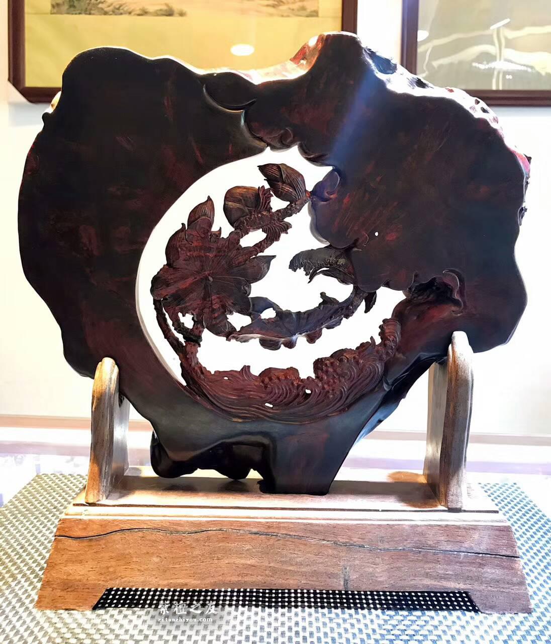 正宗印度小叶紫檀工艺品《和和美美》 高密度爆炸性瘤疤纯手工双面镂空雕-5