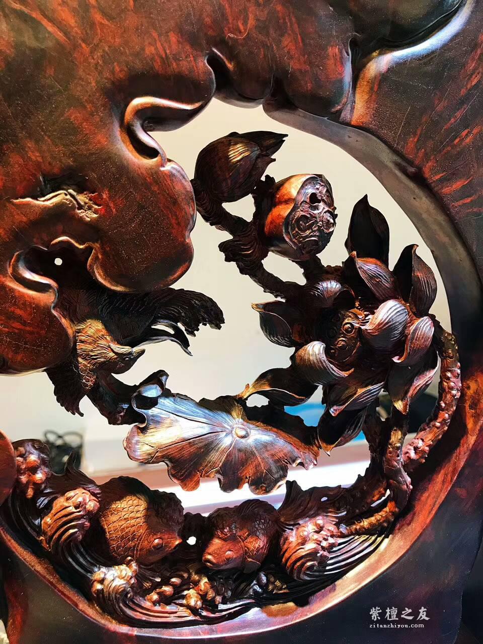 正宗印度小叶紫檀工艺品《和和美美》 高密度爆炸性瘤疤纯手工双面镂空雕-7