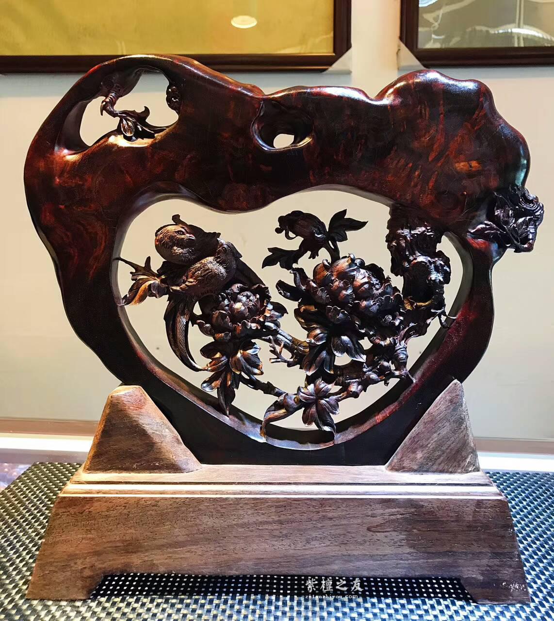 小叶紫檀镂空雕工艺品《鸟语花香》古色古香家居装饰首选-3