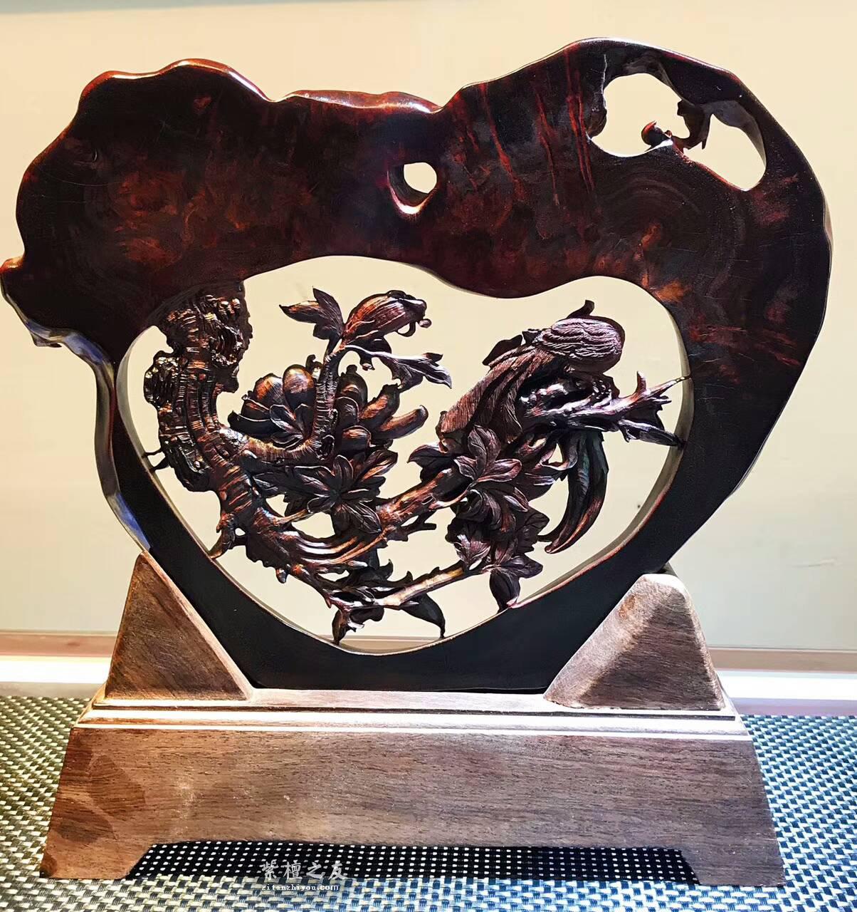 小叶紫檀镂空雕工艺品《鸟语花香》古色古香家居装饰首选-9
