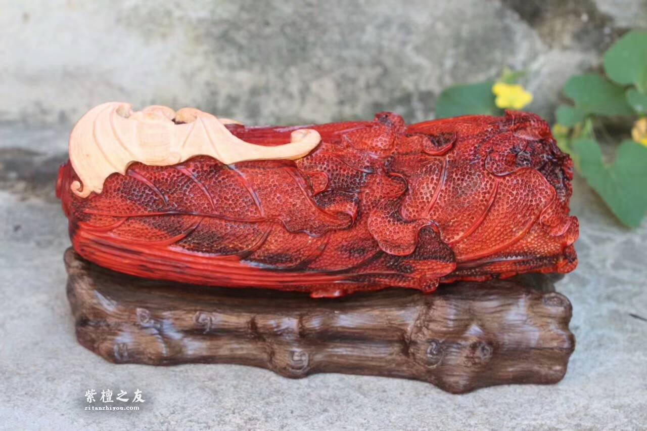 印度小叶紫檀工艺品《财富》鸡血红材料白皮巧雕寓意吉祥适合收藏-1