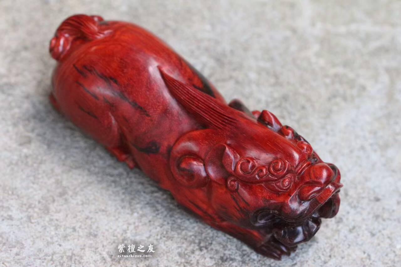 印度小叶紫檀《貔貅》纯手工雕刻精美鸡血红材质油性好-4