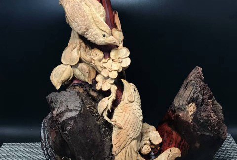 印度小叶紫檀根雕摆件《前程似锦》带白皮设计镂空雕刻栩栩如生
