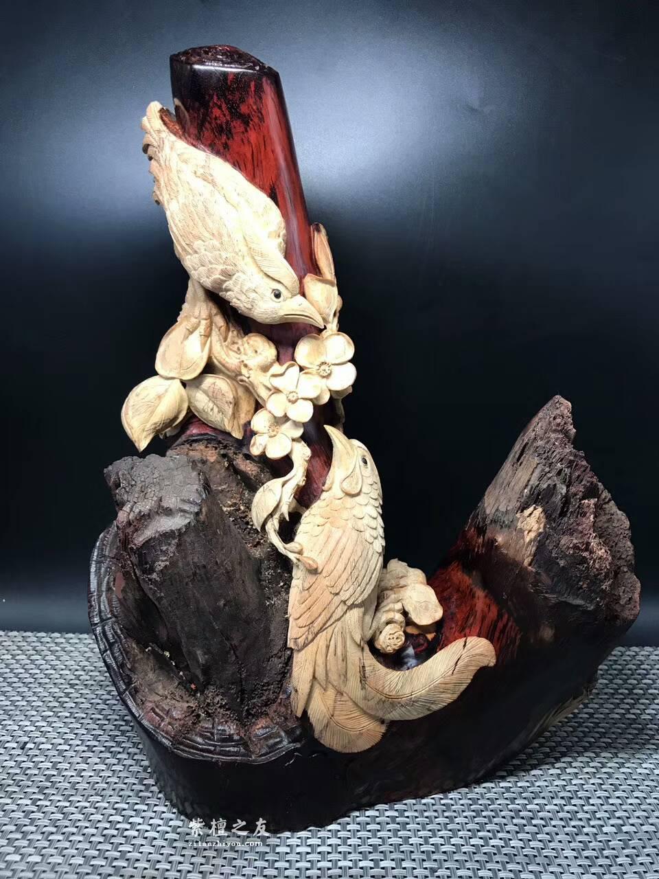 印度小叶紫檀根雕摆件《前程似锦》带白皮设计镂空雕刻栩栩如生-2