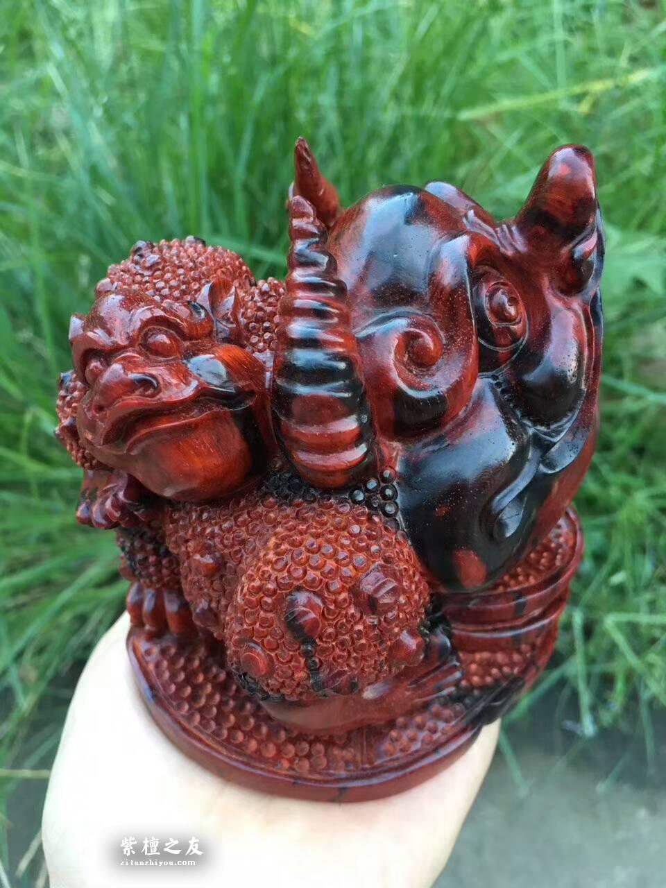 小叶紫檀招财工艺品《母子金蟾》火焰纹老料精雕寓意招财-2
