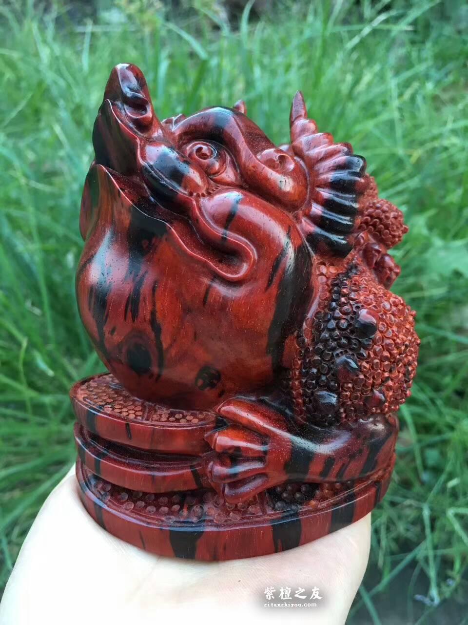 小叶紫檀招财工艺品《母子金蟾》火焰纹老料精雕寓意招财-5