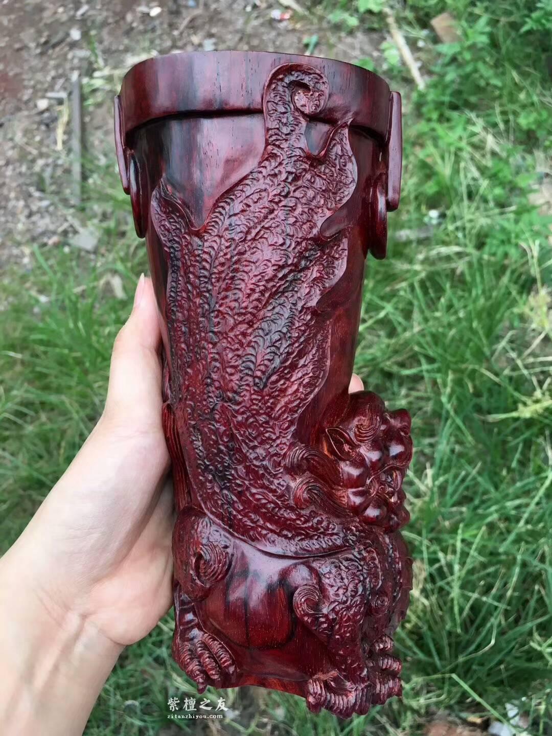 小叶紫檀《貔貅杯》可做笔筒 雕刻精美泥料光亮难得精品-2