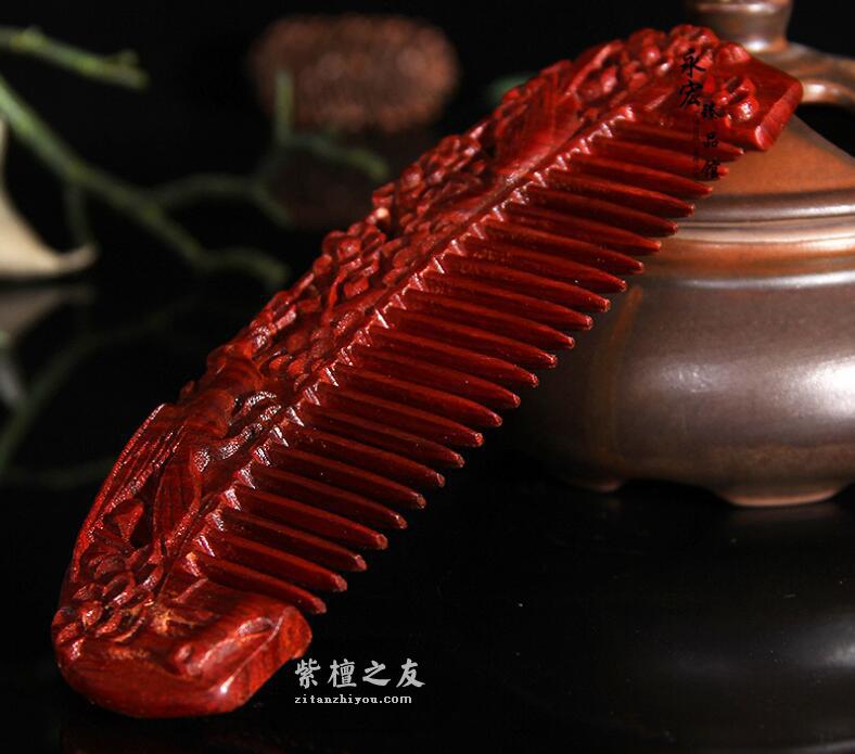 赞比亚小叶紫檀雕刻木梳 平步青云血檀梳子防静电防脱发保健木梳-2